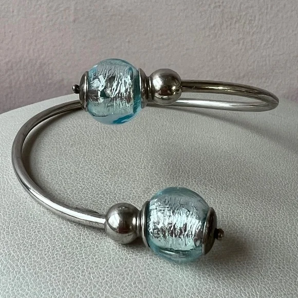 VINTAGE STERLING SILVER COIL WRAP CUFF BRACELET FROSTED AQUA BLUE MURANO GLASS - Picture 9 of 16